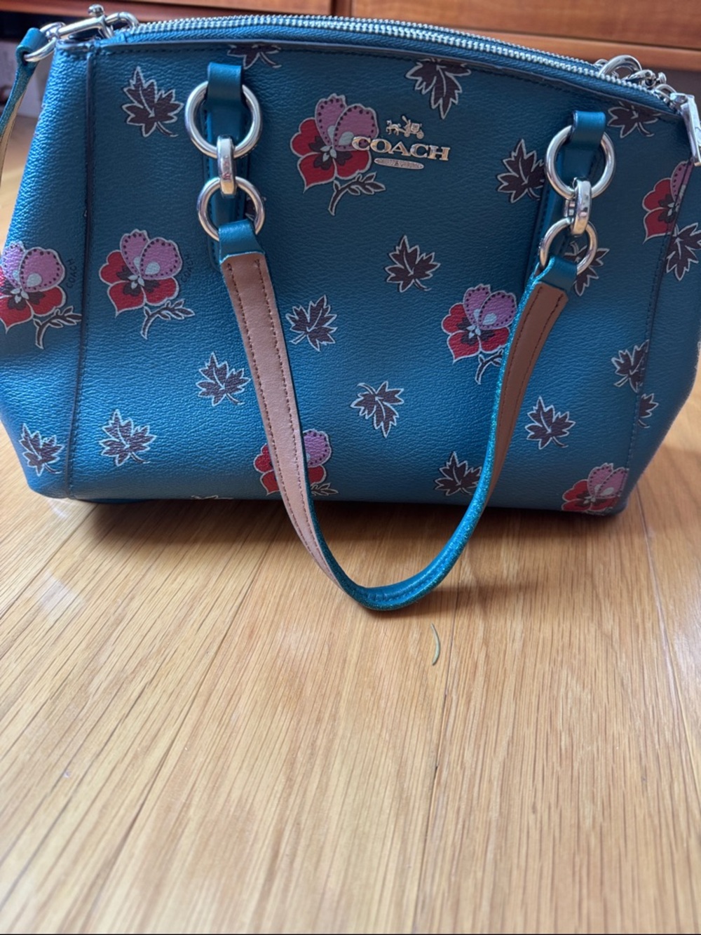 COACH Teal Floral Leather Satchel with Pink & Red Accents